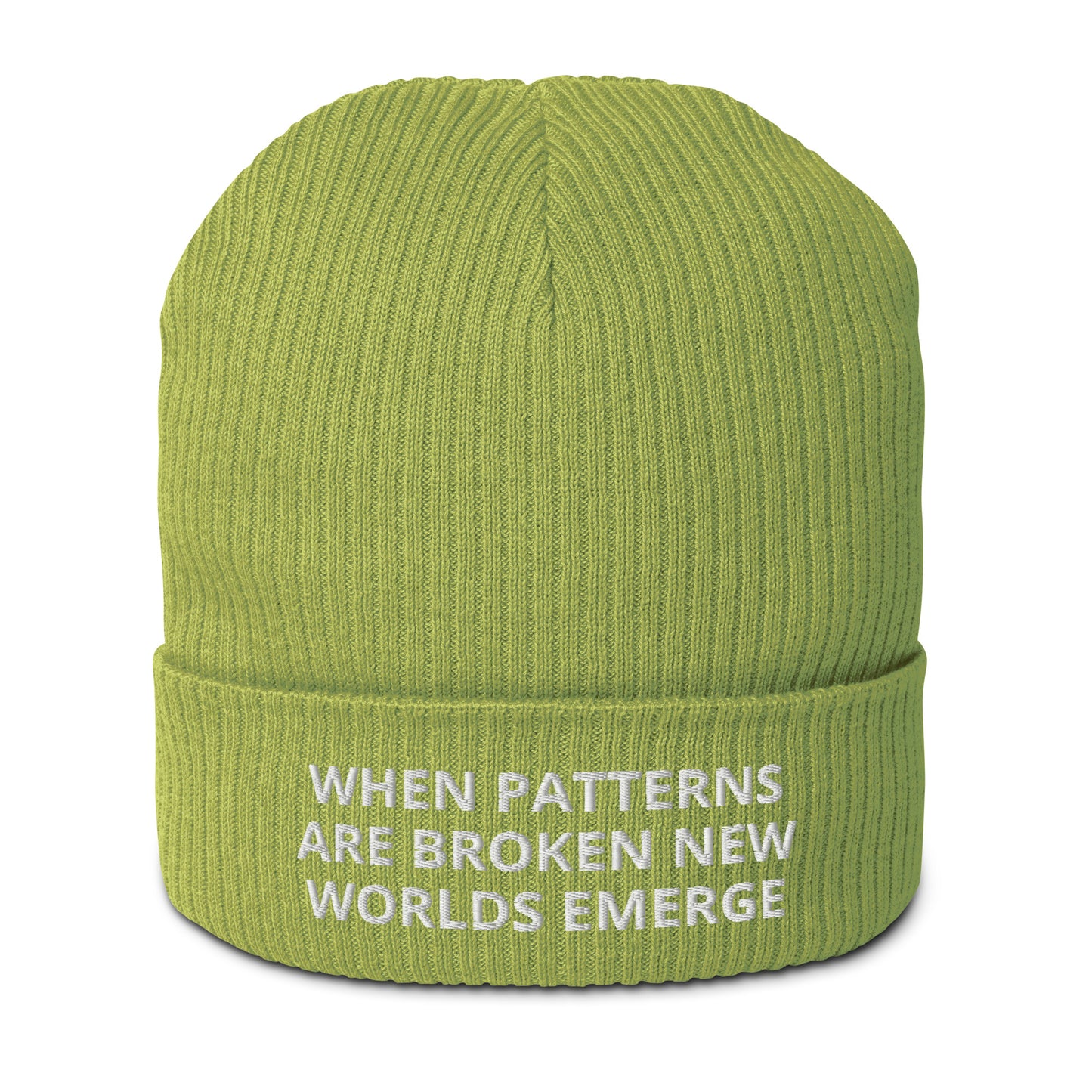 WHEN PATTERNS ARE BROKEN, NEW WORLDS EMERGE Organic ribbed beanie