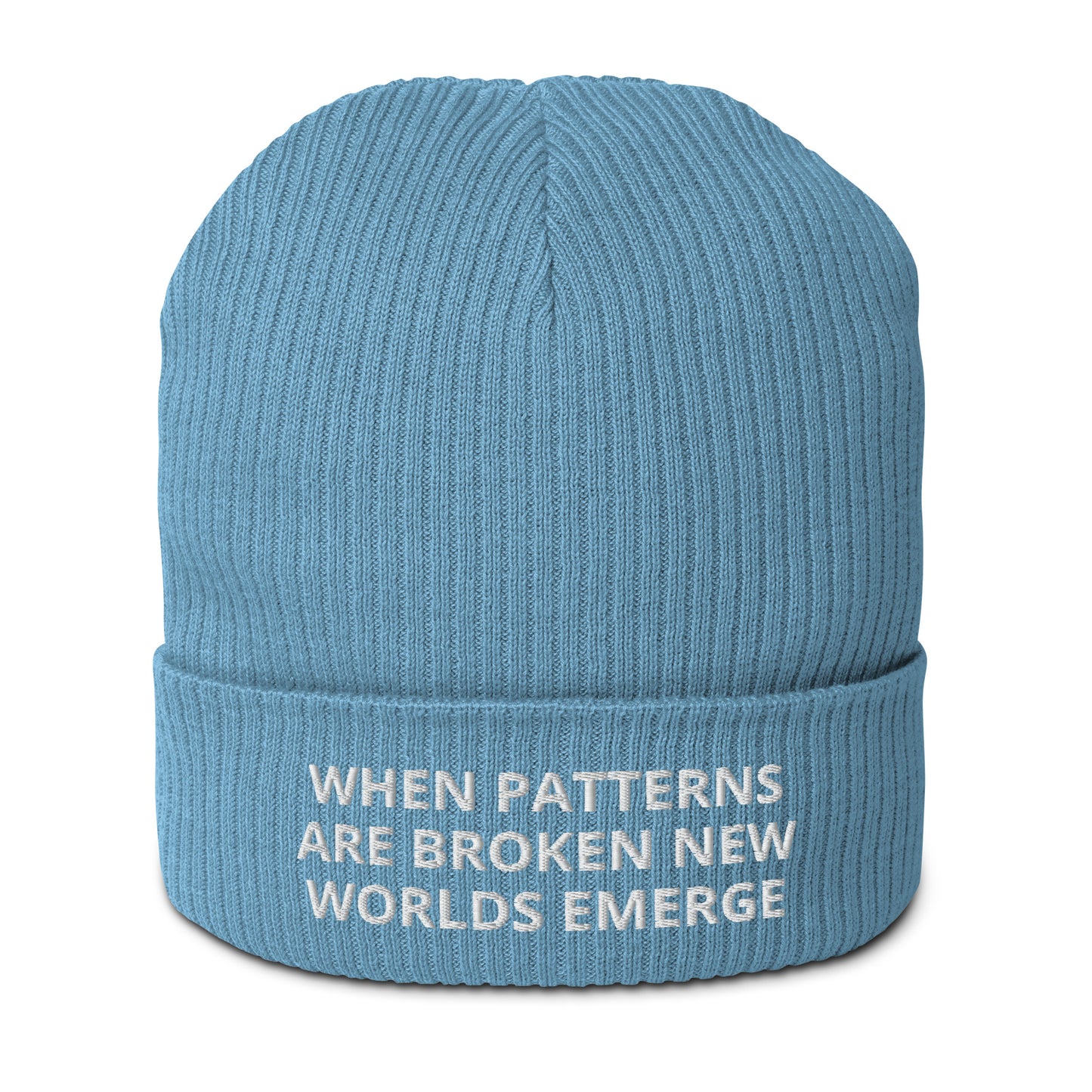 WHEN PATTERNS ARE BROKEN, NEW WORLDS EMERGE Organic ribbed beanie