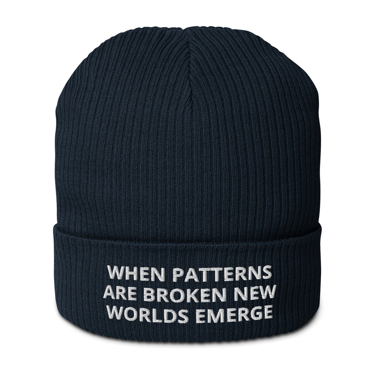 WHEN PATTERNS ARE BROKEN, NEW WORLDS EMERGE Organic ribbed beanie