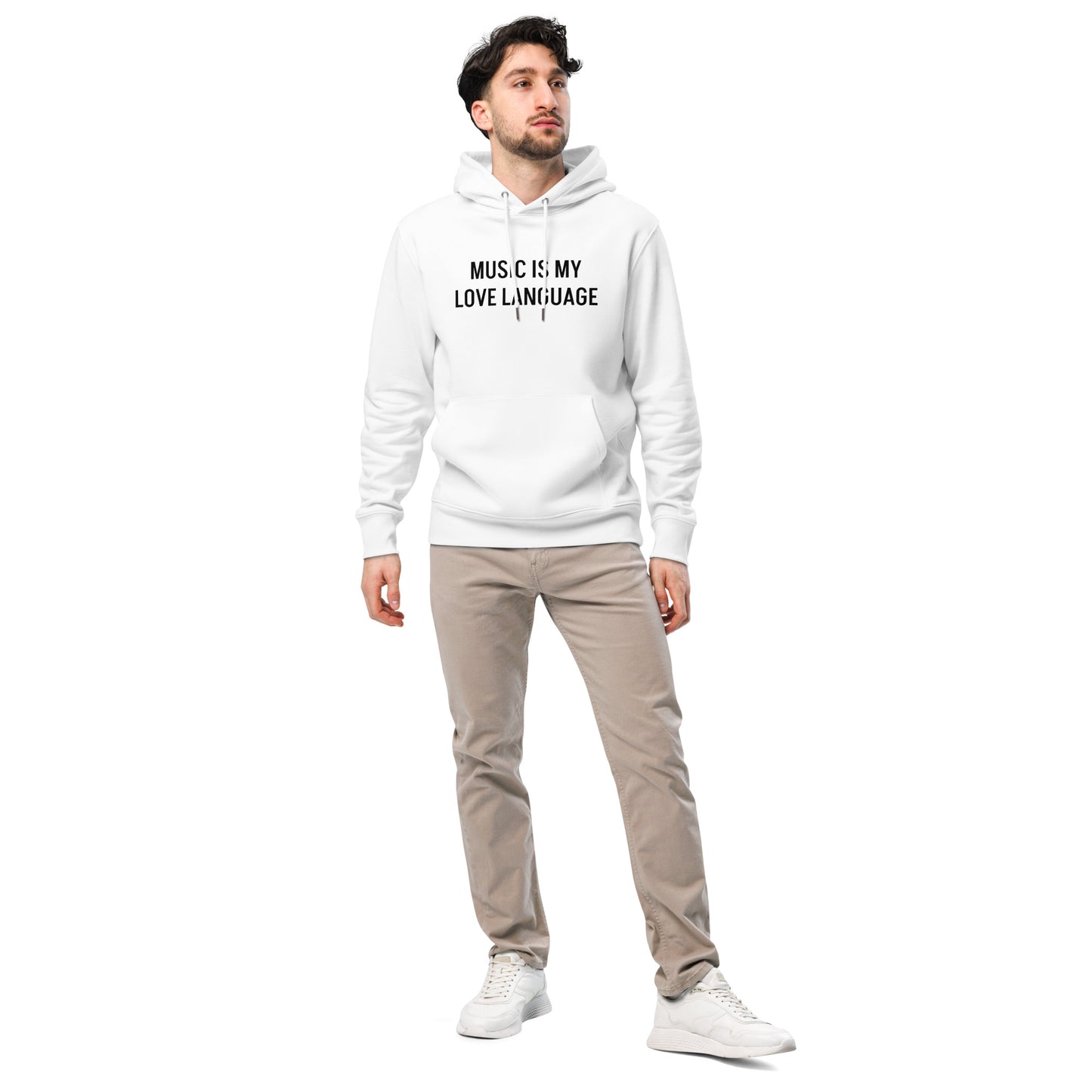 MUSIC IS MY LOVE LANGUAGE WHITE UNISEX 100% ORGANIC HOODIE