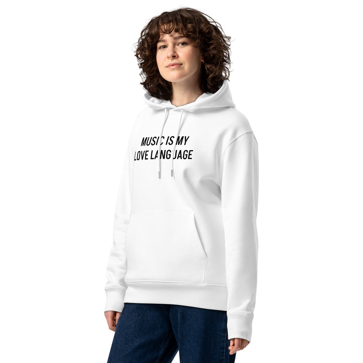 MUSIC IS MY LOVE LANGUAGE WHITE UNISEX 100% ORGANIC HOODIE